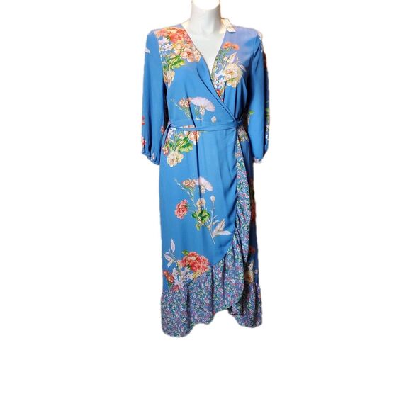New York And Company Blue Floral Wrap Maxi dress Size Large NWT Reg $79.95 - Picture 2 of 11